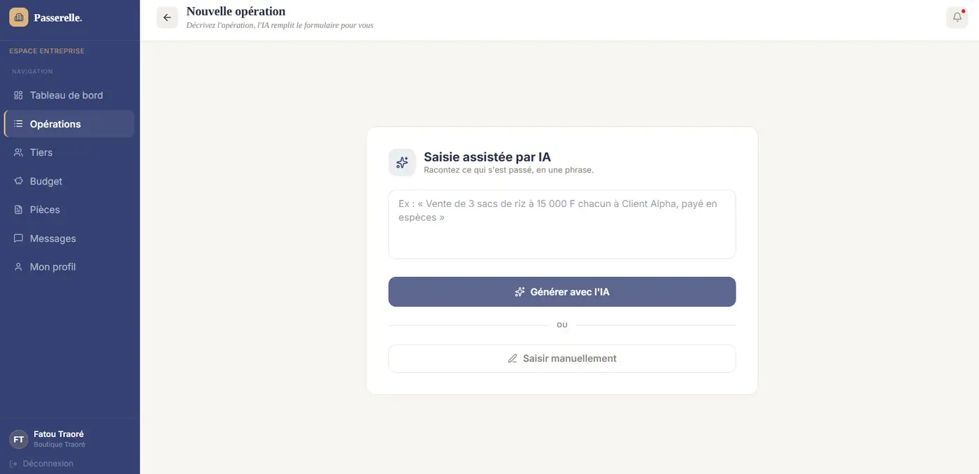 Écran « Saisie assistée par IA » — champ vide avec un exemple de phrase.