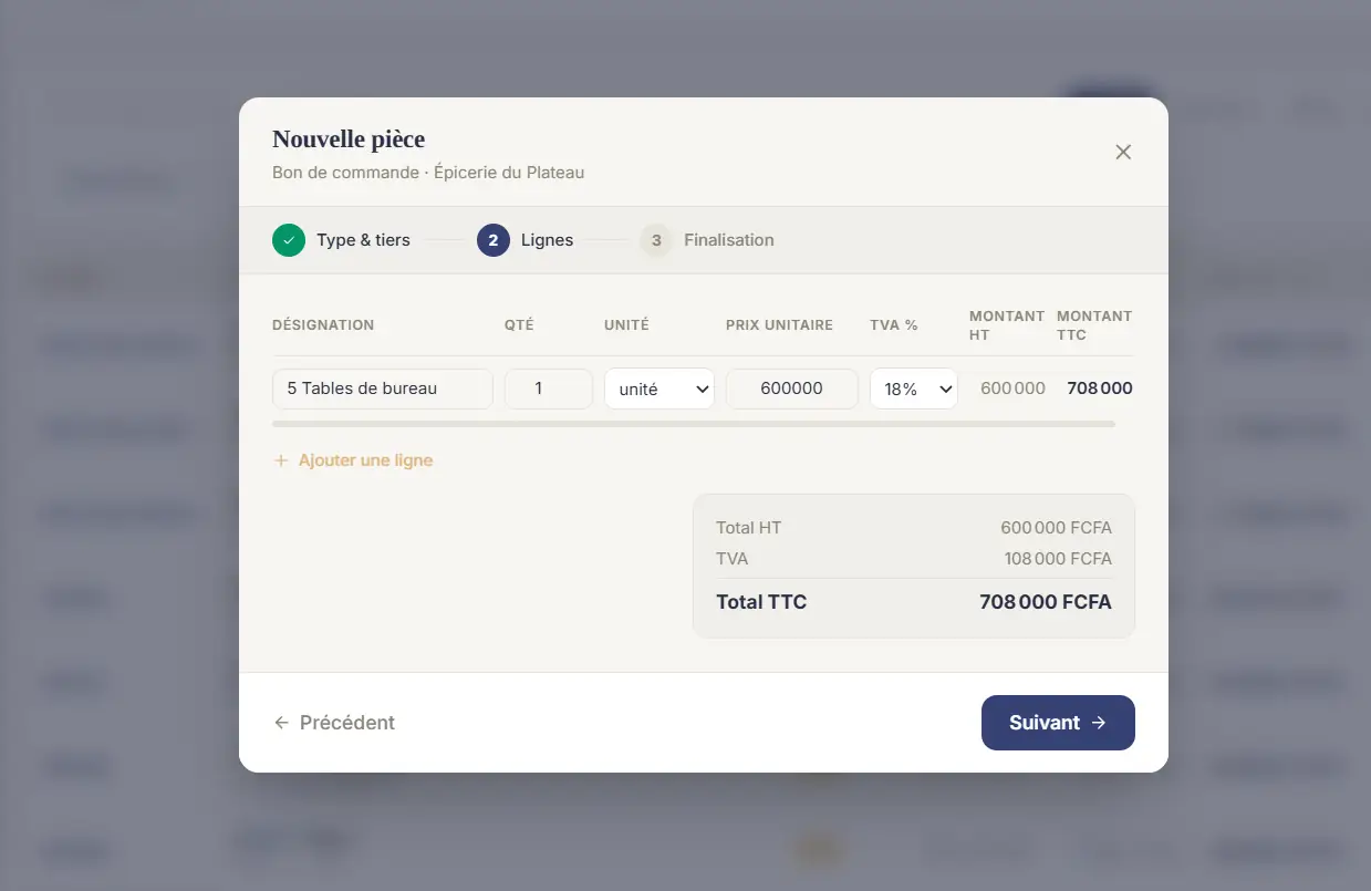 Bon de commande — étape 2, 600 000 HT → 708 000 TTC.