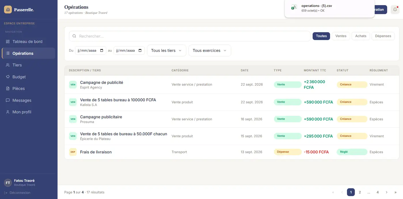Téléchargement de operations.csv confirmé par le navigateur.