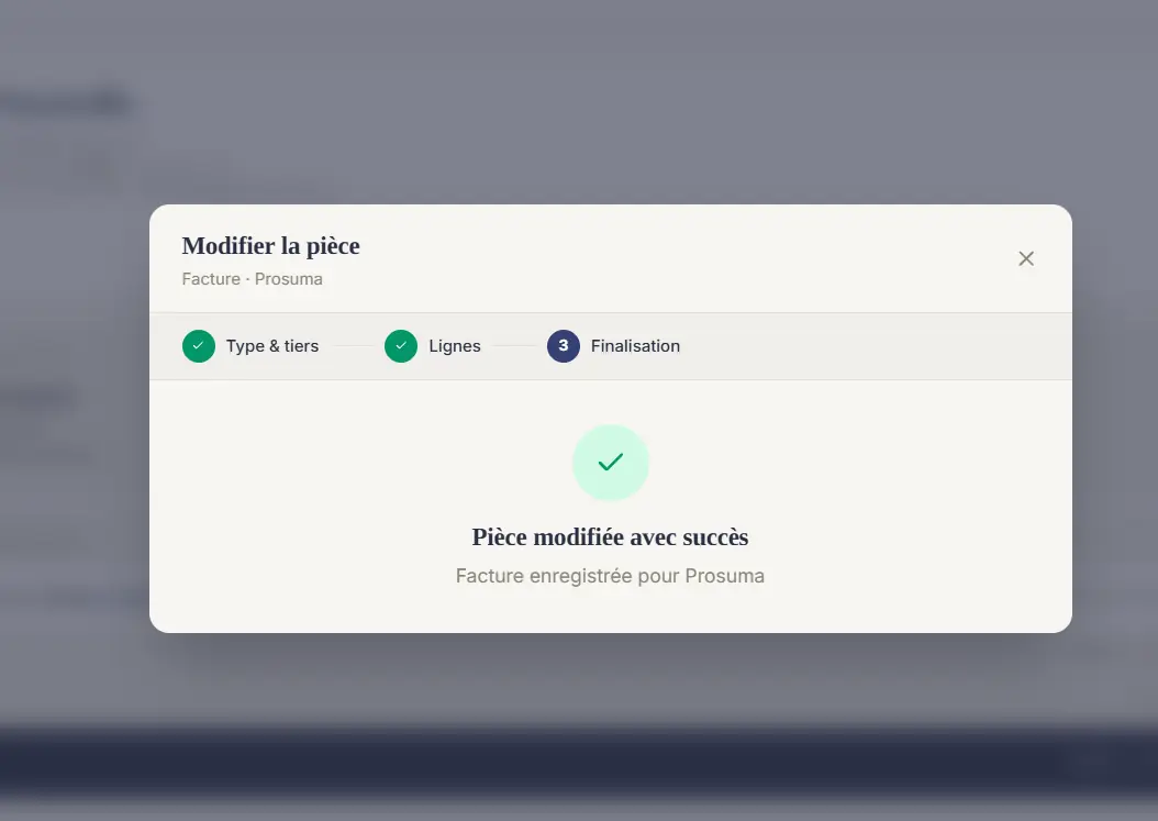 Confirmation « Facture enregistrée pour Prosuma ».