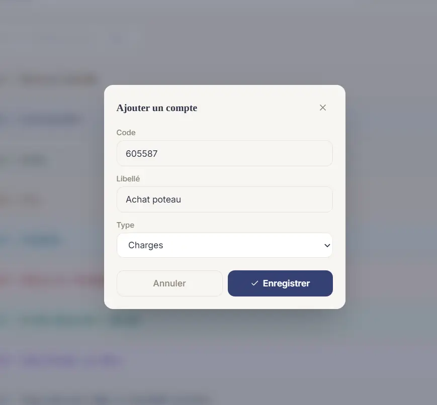 Nouveau compte 605587 « Achat poteau », type Charges.
