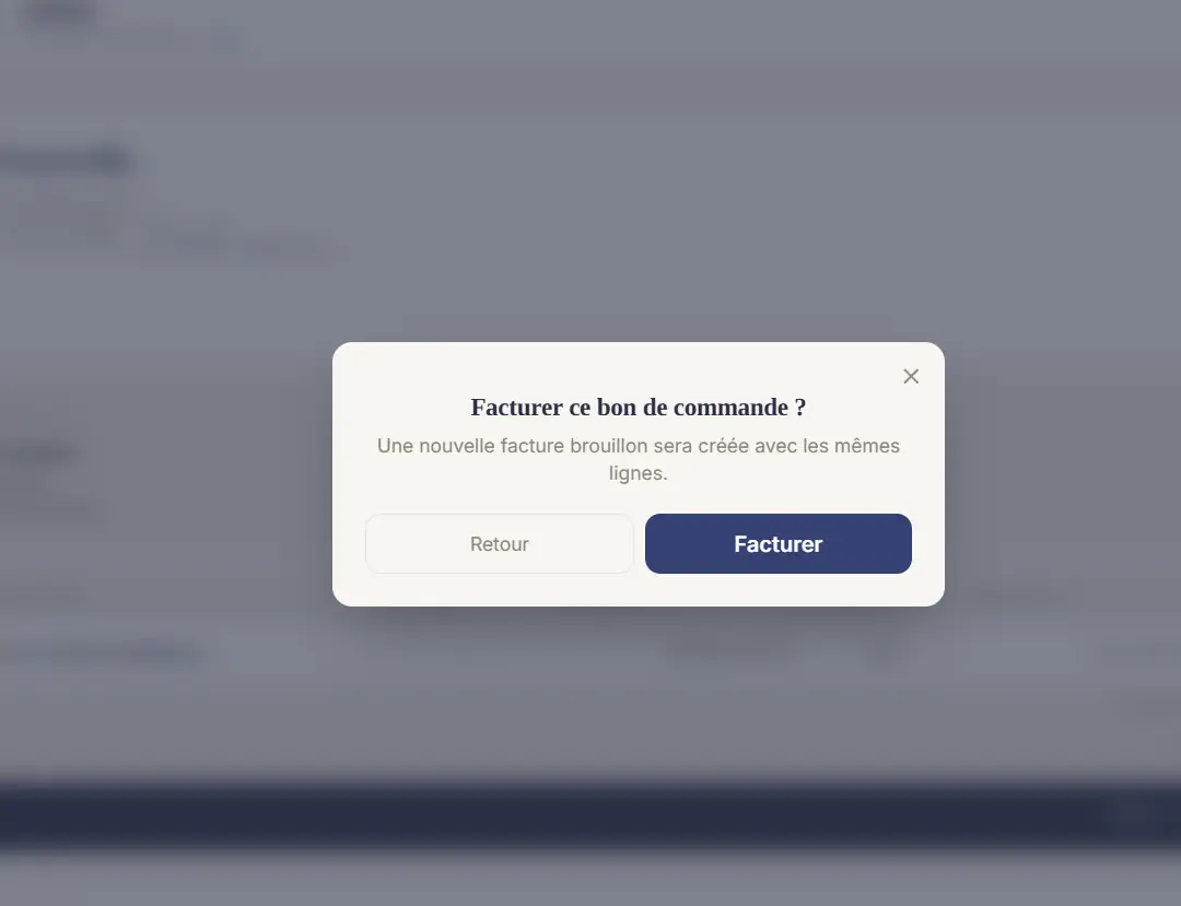 Confirmation « Facturer ce bon de commande ? ».